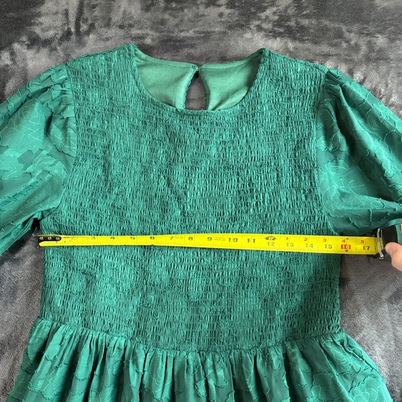 Emerald Green Smocked Bodice Tiered Maxi Dress Long Sleeve Lace Overlay - Picture 7 of 8